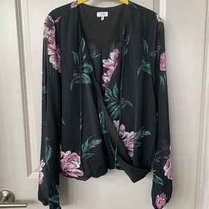 Floral Surplice Wrap Long Sleeve Blouse